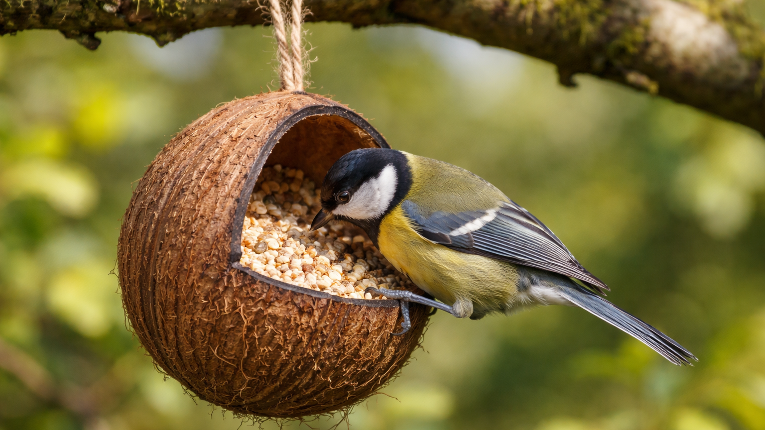 Great tit feeding from coconut feeder